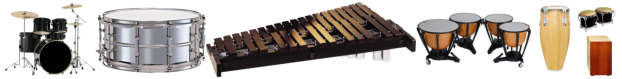 drum set, snare drum, xylophone, timpani, congas, bongos, cajon